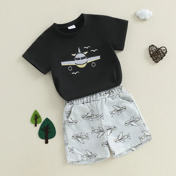MQTIME  -  Baby Boy Dinosaur Print Short Sleeve T-shirt and Shorts Set Elastic Waistband 2 Piece Summer Outfit for Toddlers